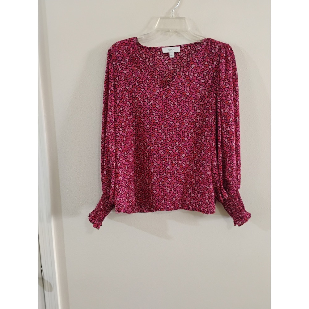 CeCe Pink Red Heart Print V-Neck Blouse Smocked Cuffs Long Sleeve Top Medium